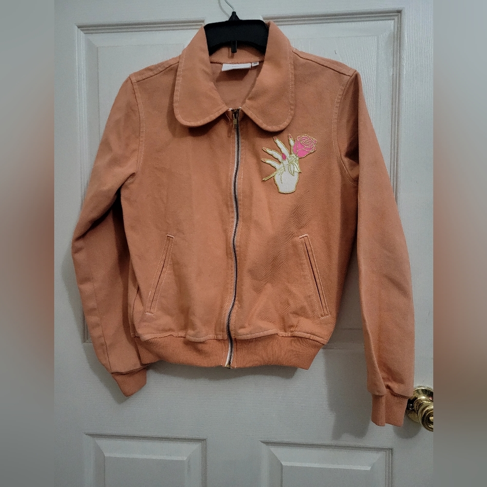 Big Bud Press Denim Bomber style jacket w/hand & flower applique